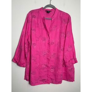 St. Tropez West Womens Linen Tunic Top 1X Button Up 3/4 Sleeve Floral Embroidery
